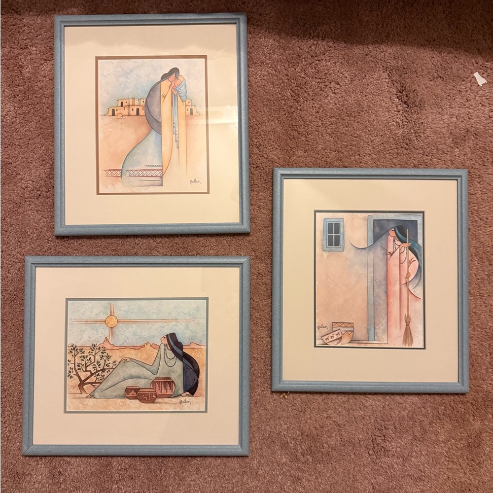 Set of 3 Framed Southwestern-Inspired Blue Art Prints